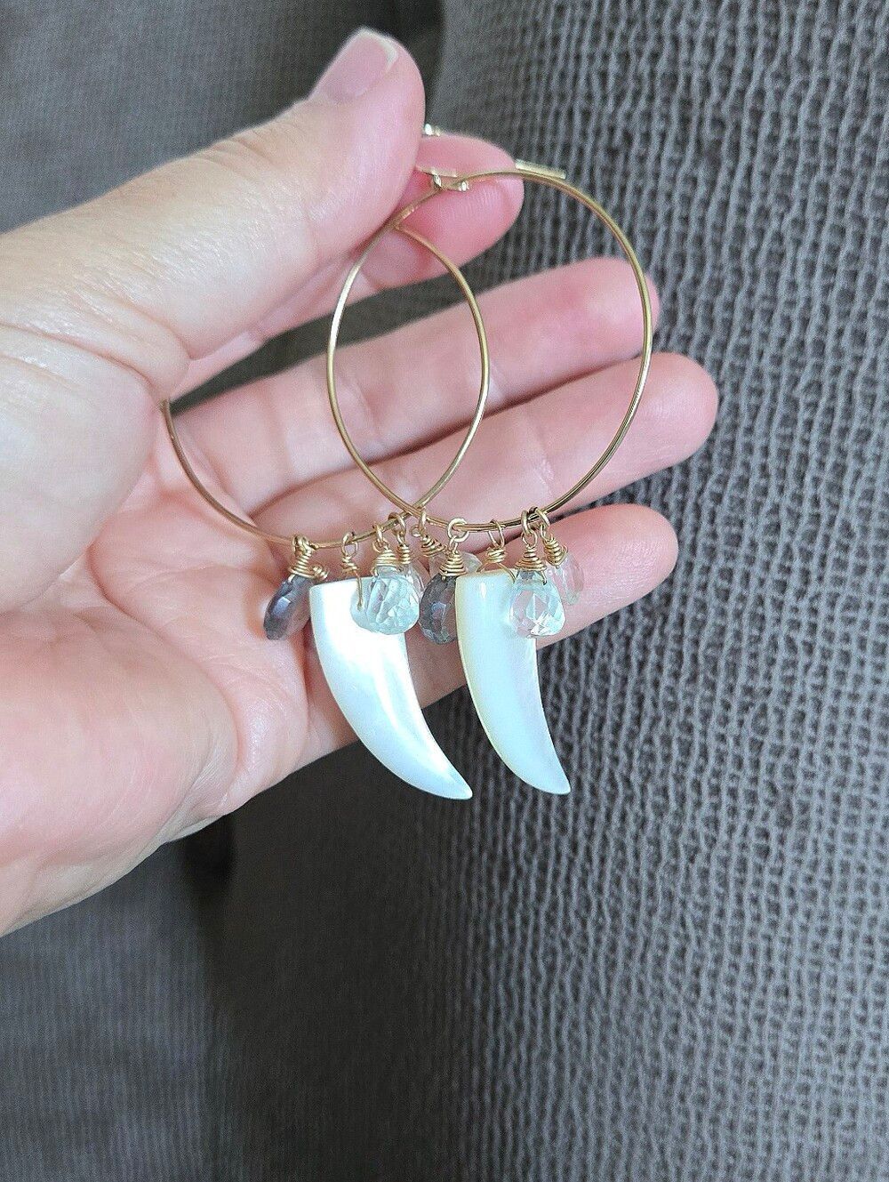 Open Gold💛 Circle⭕️ Earrings with Mother of Pearl Horn📯 and Gemstones💎 - Picture 13 of 15